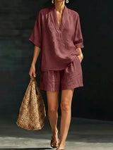 Silvani - Lässiges Set Aus Baumwoll Top Mit V-ausschnitt Und Shorts in Rot