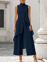 Luisa | Damen Asymmetrisches High-Neck Marlene-Hosen-Set in Navy Blue