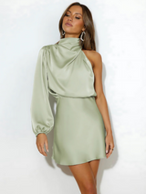Damen Asymmetrisches Minikleid mit Einschulter Ballonärmel und Drapiertem Ausschnitt in Hellgrün