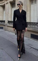Damen Blazer Rock Set mit Kerbkragen und Doppelreihiger Knopfleiste mit Spitzenrock in Schwarz