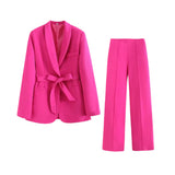 Damen Blazer- und Hosen-Set mit Bindegürtel in Hellrosa