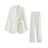 Damen Blazer- und Hosen-Set mit Bindegürtel in Weiß