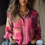 Frieda | Damen Boho Bluse Langarm geknöpft mit Blumenmuster in Rosa