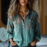 Frieda | Damen Boho Bluse Langarm geknöpft mit Blumenmuster in Ozeanblau