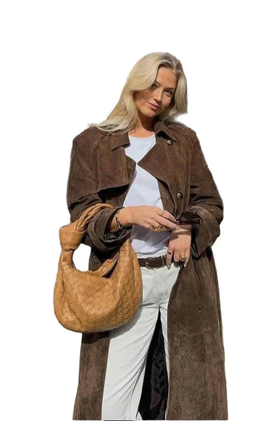 Damen brauner Trenchcoat mit Gürtel und Revers