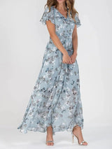 Amelie | Damen Cocktailparty-Kleid Blumen Maxi V-Ausschnitt Rüschen in Blau