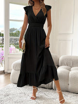 Charlotte | Damen Cocktailparty Kleid Elegantes Maxi V-Ausschnitt Rüschen A-Linie in Schwarz