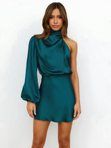 Damen Einschulter-Minikleid mit Langarm und Drapiertem Ausschnitt in Meerblau