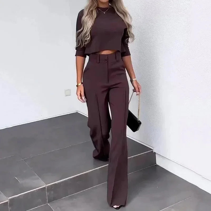 Damen elegantes zweiteiliges Set mit Crop Top und Hose mit weitem Bein