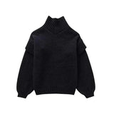 Damen Grobstrick Rollkragenpullover mit Langen Ärmeln und Rippbündchen in Schwarz
