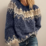 Luisa | Damen Jacquard Knit Sweater Isländischer Rundhals Strickpullover in Blau