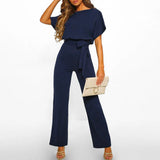 Damen Jumpsuit mit gerafften Ärmeln und Bindegürtel in Blau