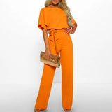 Damen Jumpsuit mit gerafften Ärmeln und Bindegürtel in Orange