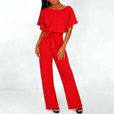 Damen Jumpsuit mit gerafften Ärmeln und Bindegürtel in Rot