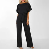 Damen Jumpsuit mit gerafften Ärmeln und Bindegürtel in Schwarz