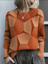 Nora | Damen Knit Sweater Geometrisches Muster Rundhals Langarm Pullover in Orange