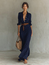 Lena | Damen Langarm-Maxikleid fließend tailliert mit Gürtel in Marineblau