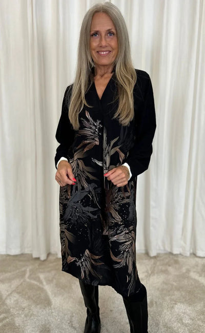 Damen Langarm Midikleid mit Blumenmuster in Schwarz