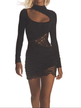 Damen Langarm Mini Kleid mit Cut-Out und Spitzendetails in Schwarz