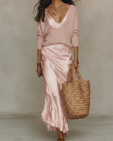 Emilia | Damen Langarm Satin Midi Kleid mit passendem Strickpullover in Rosa