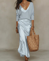 Emilia | Damen Langarm Satin Midi Kleid mit passendem Strickpullover in Hellblau