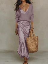 Emilia | Damen Langarm Satin Midi Kleid mit passendem Strickpullover in Lila