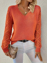 Greta | Damen Langarm V-Ausschnitt Lochstrick Knit Sweater Pullover in Orange