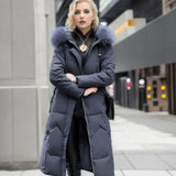 Clara | Damen Langer Daunen-Steppmantel mit Kragen Fellkapuze Wintermantel in Grau