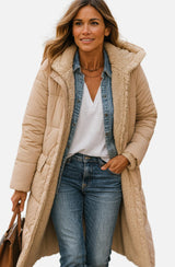 Frieda | Damen Longline Puffer Jacke mit Teddyfutter und Kapuze in Beige