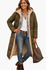 Frieda | Damen Longline Puffer Jacke mit Teddyfutter und Kapuze in Armeegrün