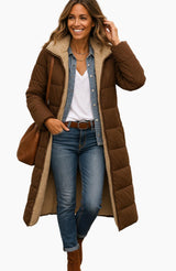 Frieda | Damen Longline Puffer Jacke mit Teddyfutter und Kapuze in Braun