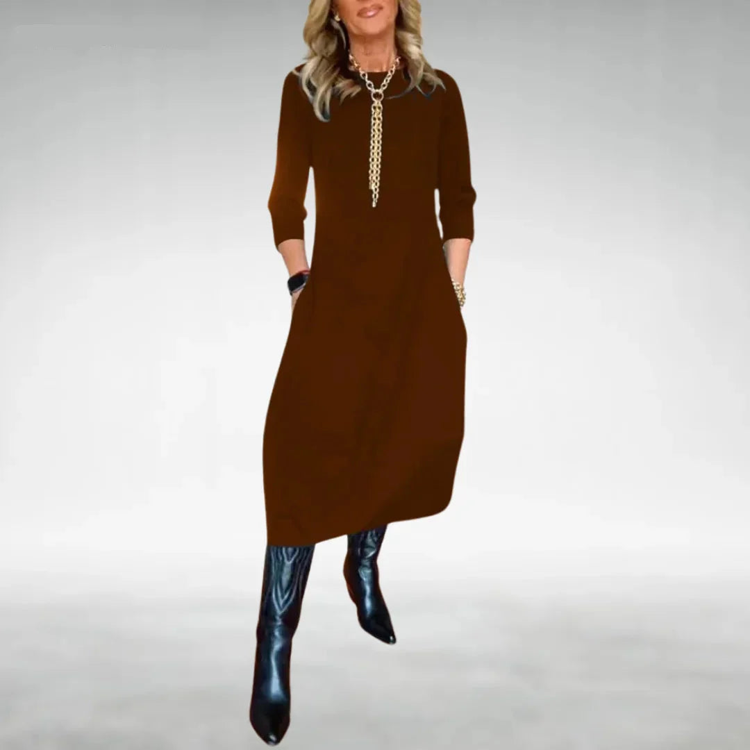 Damen Midikleid mit Dreiviertelärmeln und Taschen