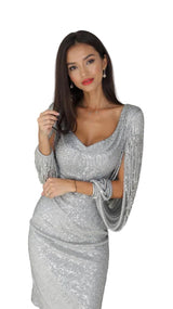 Damen Mini-Kleid mit Fransierten Ärmeln in Silber