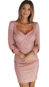 Damen Mini-Kleid mit Fransierten Ärmeln in Roségold