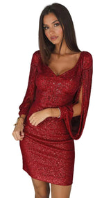 Damen Mini-Kleid mit Fransierten Ärmeln in Rot