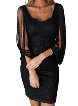 Damen Mini-Kleid mit Fransierten Ärmeln in Schwarz