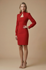 Damen Mini Kleid mit langen Ärmeln, Stehkragen und Ausschnittdetail in Rot