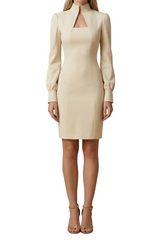 Damen Mini Kleid mit langen Ärmeln, Stehkragen und Ausschnittdetail in Beige
