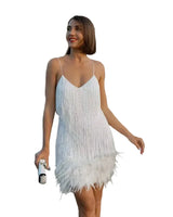 Damen Minikleid mit Fransen und Paillettenbesatz in Weiß