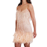 Damen Minikleid mit Fransen und Paillettenbesatz in Beige