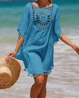 Damen Minikleid mit Häkeleinsatz und Quastenfransen an Saum und Halbärmeln in Blau