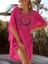 Damen Minikleid mit Häkeleinsatz und Quastenfransen an Saum und Halbärmeln in Rosa