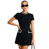 Damen-Minikleid mit kurzen Ärmeln und Perlenbesatz in Schwarz