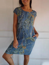 Damen Minikleid mit Rundhalsausschnitt Kurzen Kappenärmeln Seitentaschen und Geradem Saum in Blau