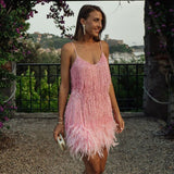 Damen Minikleid mit Spaghettiträgern, Fransenlagen und Federbesatz am Saum in Rosa