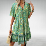 Damen Minikleid mit V-Ausschnitt und Kontrastkante mit Kurzen Ausgestellten Ärmeln im Paisley-Muster in Grün