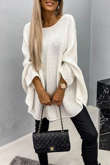 Greta | Damen Oversize Rundhals Knit Sweater mit Fledermausärmeln in Creme