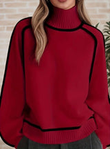 Luisa | Damen Oversized Rollkragen Sweater Zweifarbig Strickpullover in Rot