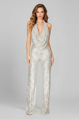 Annika | Damen Pailletten Jumpsuit Weites Bein Neckholder Wasserfall-Ausschnitt in Silber