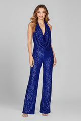 Annika | Damen Pailletten Jumpsuit Weites Bein Neckholder Wasserfall-Ausschnitt in Blau